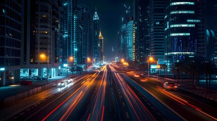 Obraz premium Nighttime Cityscape with Traffic Light Trails and Illuminated Buildings