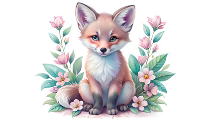 Obraz premium Watercolor Little Fox Cub on Transparent Background