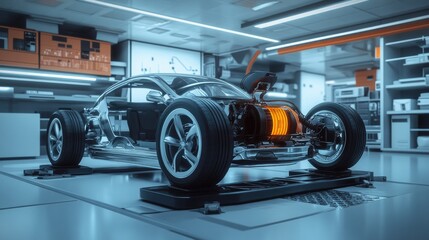Fototapeta premium A 3D line art depiction of an electric car chassis with an x-ray view of the internal battery, set in a clean, studio-like environment