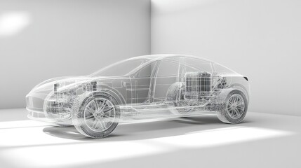 Fototapeta premium A 3D line art illustration of an electric car chassis with visible x-ray details of the battery, presented in a contemporary studio environment