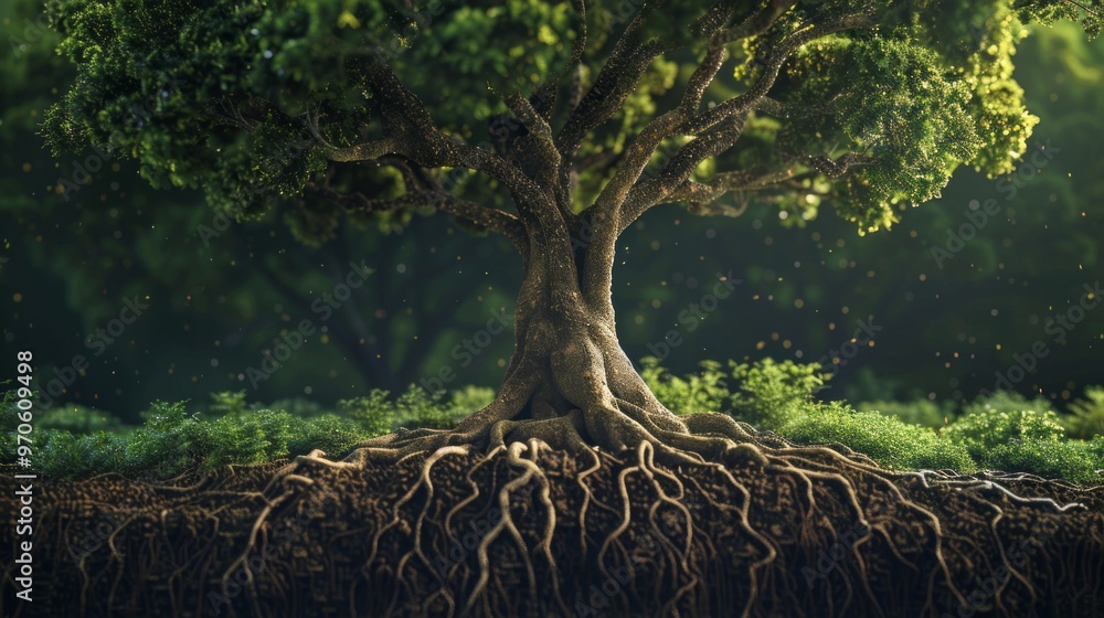 Poster a tree with its roots exposed in the ground