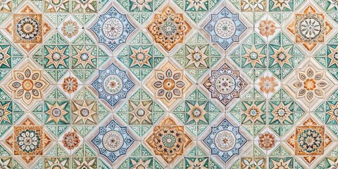 Geometric pastel ceramic tile background with intricate retro patterns