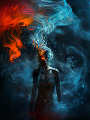 Fototapeta premium A stunning, surreal portrait of a figure with flowing fire and smoke above their head, blending vibrant red and blue hues, creating an ethereal and mystical atmosphere