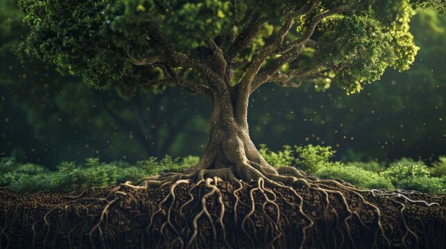 A tree with its roots exposed in the ground