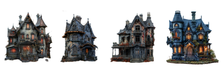 Collection of creepy house isolated on transparent background. Generated ai