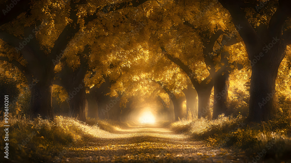 Wall mural Golden autumn foliage creates a tunnel of light on a path leading to a bright horizon.