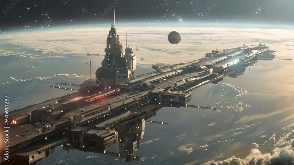 Poster a massive, futuristic space station with multiple levels orbits a distant planet with a topaz-colore