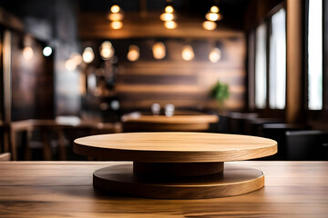 photo wooden table and blurred background of outdoor restaurant with bokeh light	