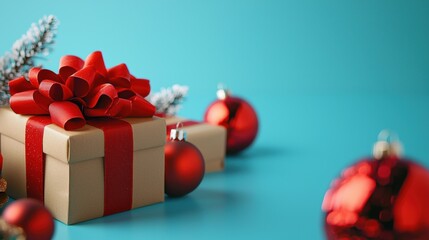 Obraz premium Beautifully Gift Wrapped Christmas Present with Red Bow and Festive Ornaments