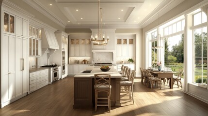 Imagine a spacious kitchen with a large island that doubles as a dining table. The multifunctional design allows for seamless transitions between meal preparation