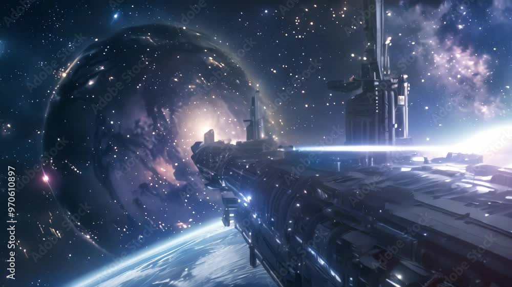 Poster a futuristic space station orbits a distant planet with twin topaz, a space station orbiting a dista