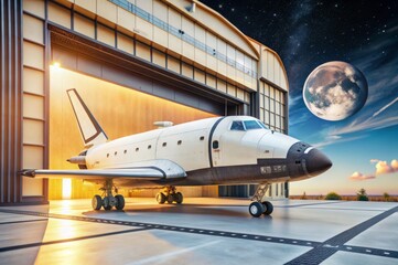 A space shuttle is parked in a hangar with a large moon in the background
