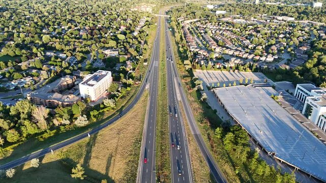 Aerial footage of the King's Highway 85 in Waterloo city, on a sunny day in Ontario, Canada