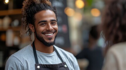 Obraz premium Smiling Barista with Curly Hair Wearing Apron in Coffee Shop Image