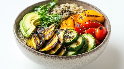 A bowl of quinoa topped with grilled vegetables and avocado, displayed on a clean white background