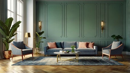 a living room interior design with a couch a coffee table and a painting on the wall