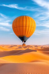 A vintage hot air balloon soaring above endless desert dunes, with soft shadows cast by the morning sun. 