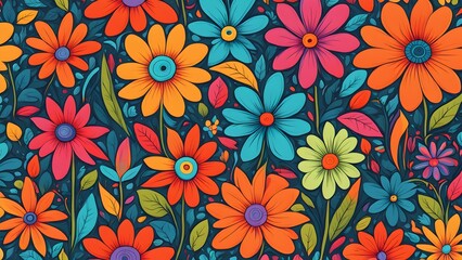 Obraz premium Colorful floral pattern with various vibrant flower illustrations on dark blue background.
