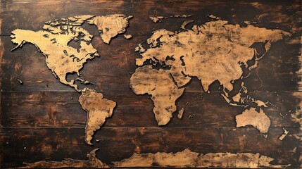 Imagine a world map crafted from wood with engraved country borders. The map features a rustic