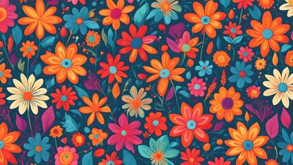 A seamless pattern of colorful flowers on a dark blue background.