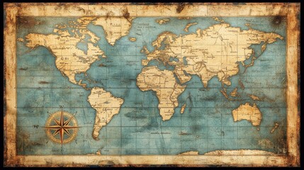 Fototapeta premium Imagine a world map designed with a vintage nautical theme. The map includes maritime elements such as compass roses