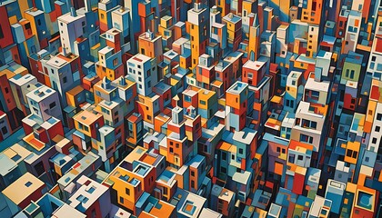 Fototapeta premium Dynamic Urban Landscape, Colorful Block Buildings with Chaotic Symmetry