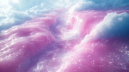 Fototapeta premium A dreamy landscape featuring soft pink waves and fluffy clouds, creating a serene and surreal atmosphere.
