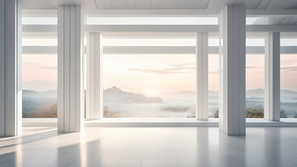A minimalist interior showcasing a spacious room with large windows that offer a breathtaking view of mountains in a soft light, creating a serene ambiance.