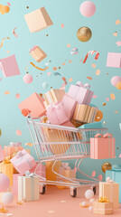 Shopping cart with floating pastel gifts and decorations on turquoise background