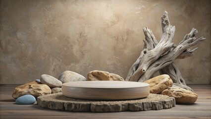 Empty stone podium with driftwood and rocks for elegant product display, stone, podium, display, driftwood, rocks