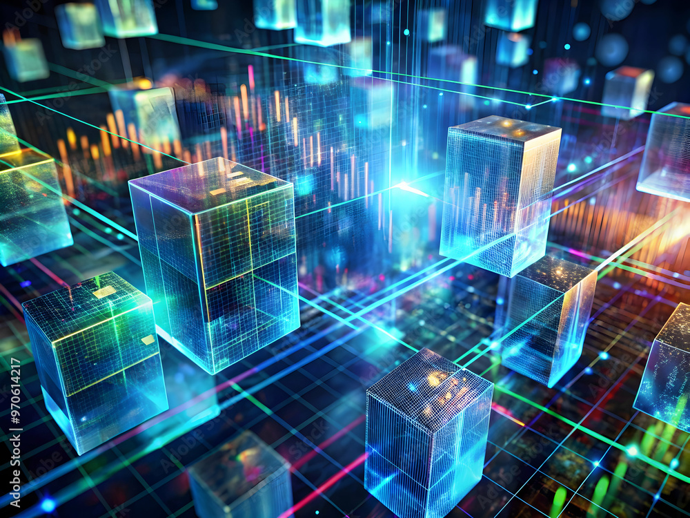 Aufkleber digital network: a vibrant illustration of a futuristic cityscape, with interconnected data cubes an