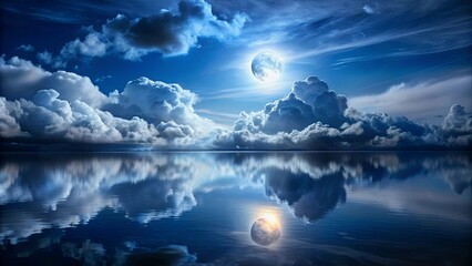 Fototapeta premium Night clouds reflecting on calm water, illuminated by the moonlight
