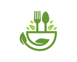Bowl leaf, fork and spoon incroporating vector logo