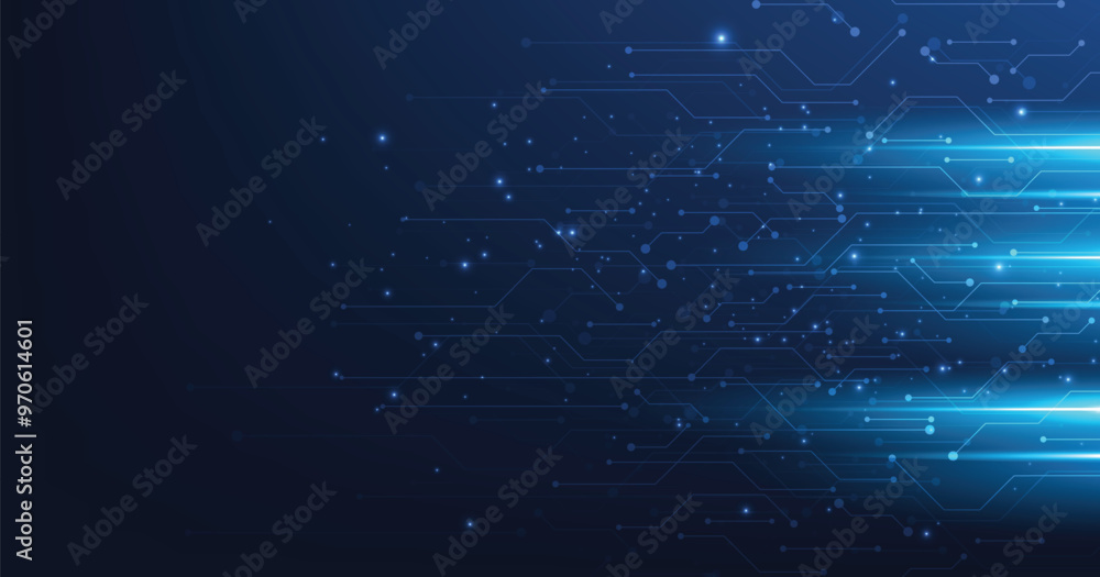 Poster Circuit board blue technology background.Vector abstract technology illustration Circuit board on dark blue background.High tech circuit board connection system concept.	