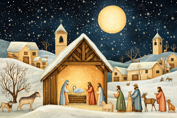 A painting of the Nativity scene with a man and woman kneeling over a baby