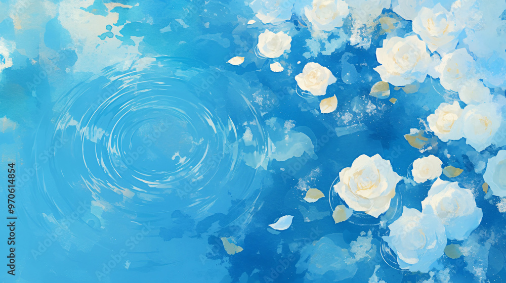 Aufkleber a serene illustration of white roses floating on a blue water surface, creating a calming and harmon