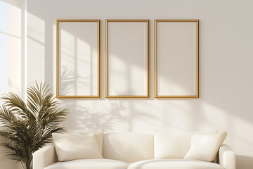 Three empty gold border picture frames hanging on a white wall behind a sunlit living room couch. White interior design.