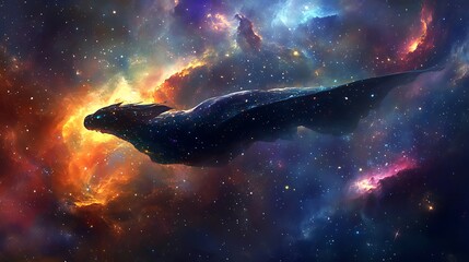 A cosmic dragon soars through a nebula of vibrant colours and stars.