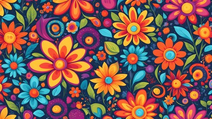 Naklejka premium Seamless pattern with colorful flowers and leaves on a dark blue background.