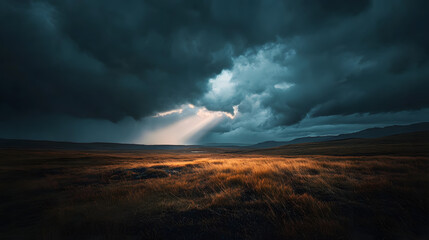 Fototapeta premium Dramatic Sky Over Grassy Field With Sun Rays Breaking Through Clouds