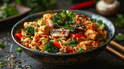 Ramen Noodles with Broccoli, Bell Pepper, Mushroom, and Chicken in a Bowl with Chopsticks, Asian Food Photography.