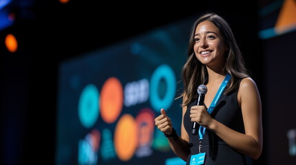 A portrait of a young and beautiful woman standing on a stage in a conference hall with a screen installed, holding a microphone and smiling while giving a lecture, presentation, or speech.