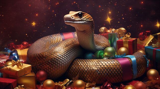 Happy Chinese New Year 2025, snake on the Christmas background