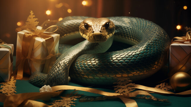 Happy Chinese New Year 2025, snake on the Christmas background