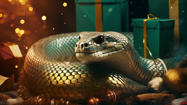 Happy Chinese New Year 2025, snake on the Christmas background