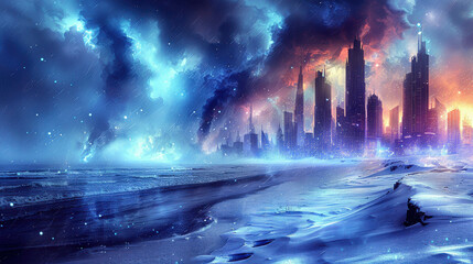 Fototapeta premium A towering futuristic city illuminated against a snowy landscape, with dramatic stormy skies and glowing clouds, creating a sci-fi dystopian atmosphere.
