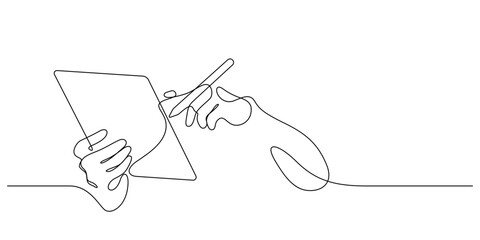hand using tablet with digital stylus pen continuous line drawing