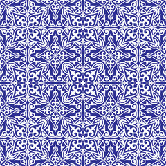 Ceramic tile stylization with blue ornaments. Geometric Seamless Pattern Arabesque blue and white, patchwork. Azulejos portugal, Turkish ornament, Moroccan tile mosaic, Talavera ornament.