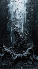 Abstract painting exploring the interplay of light and shadow, with flicking, dripping and splashing paint adding to the visual drama.