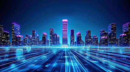 A futuristic cityscape featuring tall skyscrapers illuminated with neon pink and blue lights, surrounded by digital grids and glowing pathways, creating a high-tech, cyberpunk atmosphere.

